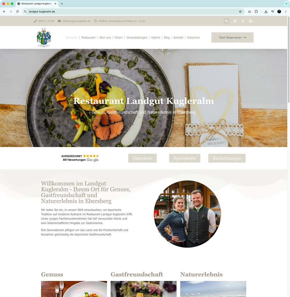 Website Landgut Kugleralm – Restaurant und Eventlocation, von AINOVORA betreut