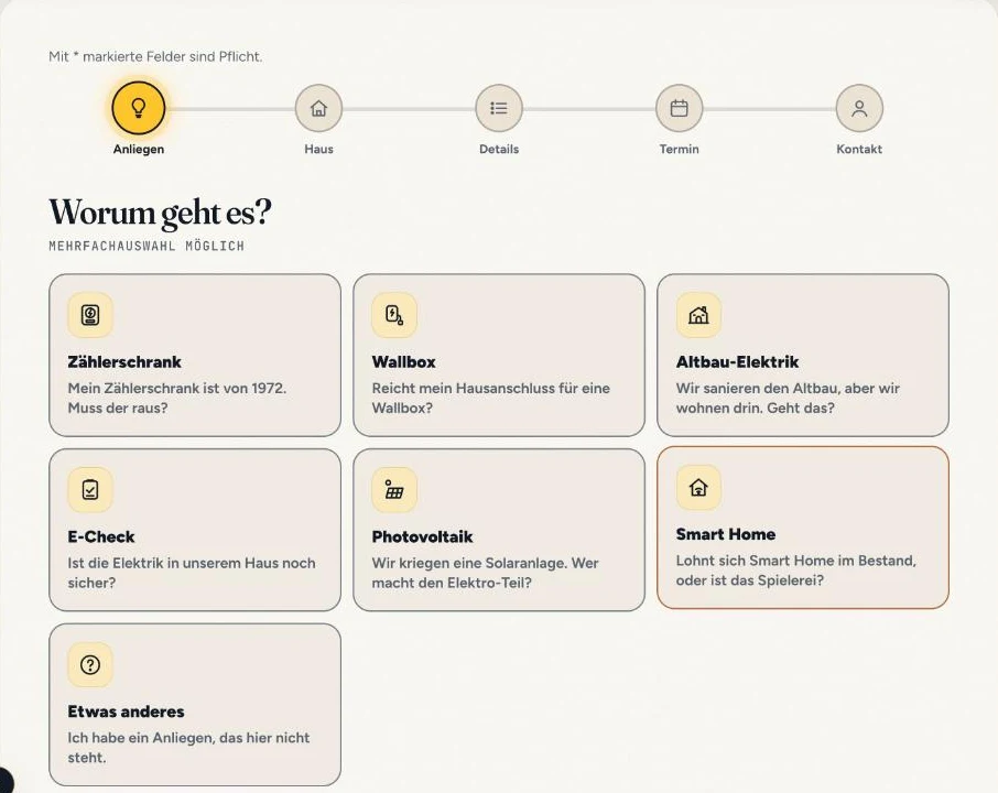 Anfrageformular der Demo Elektro Hartinger, Schritt Worum geht es