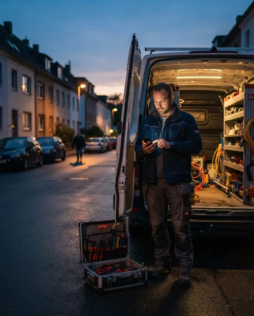 Elektriker schaut am Abend neben seinem Transporter aufs Smartphone