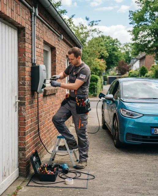 Elektriker montiert eine Wallbox an der Hauswand, daneben lädt ein Elektroauto