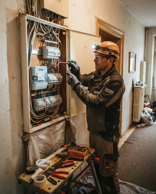 Elektromeister tauscht in einem bewohnten Altbau einen Zählerschrank