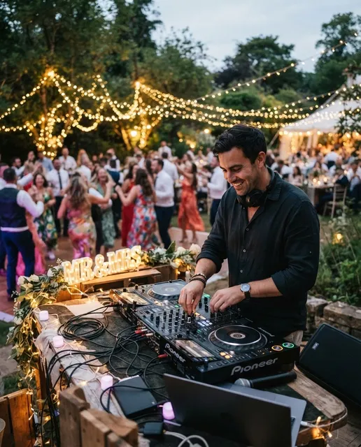Hochzeits-DJ am Mischpult auf einer Gartenhochzeit bei Dämmerung