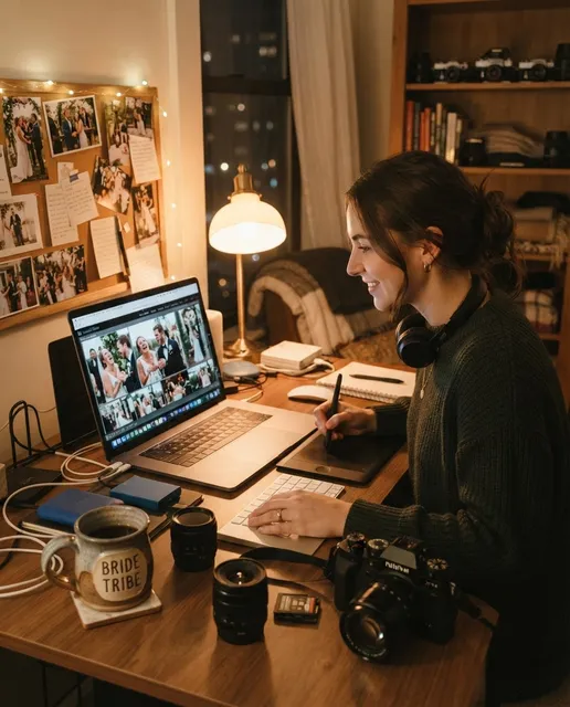 Hochzeitsfotografin sichtet abends am Laptop die Bilder einer Hochzeit