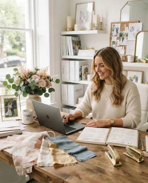 Weddingplanerin am Laptop in ihrem hellen Büro, Stoffmuster und Notizbuch auf dem Tisch