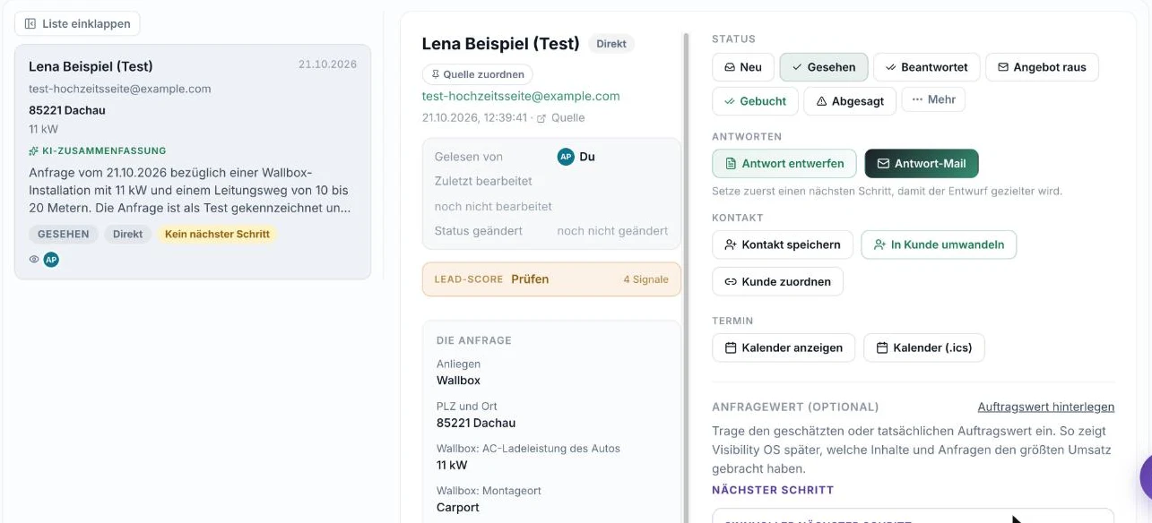 Visibility OS, Anfragen: geöffnete Anfrage mit Status, Antwort-Optionen, Kontakt, Termin und den Angaben aus dem Formular