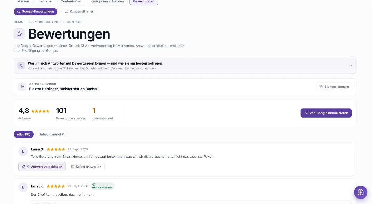 Visibility OS, Bewertungen: Google-Bewertungen mit Durchschnitt und Button für einen KI-Antwortvorschlag