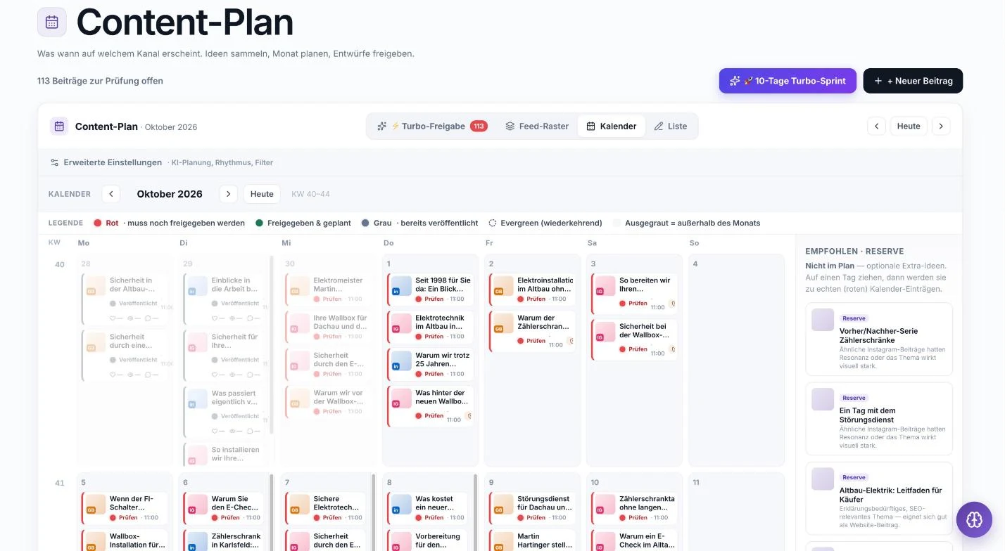 Visibility OS, Content-Plan: Monatskalender mit Beiträgen für Instagram, Google Business und LinkedIn