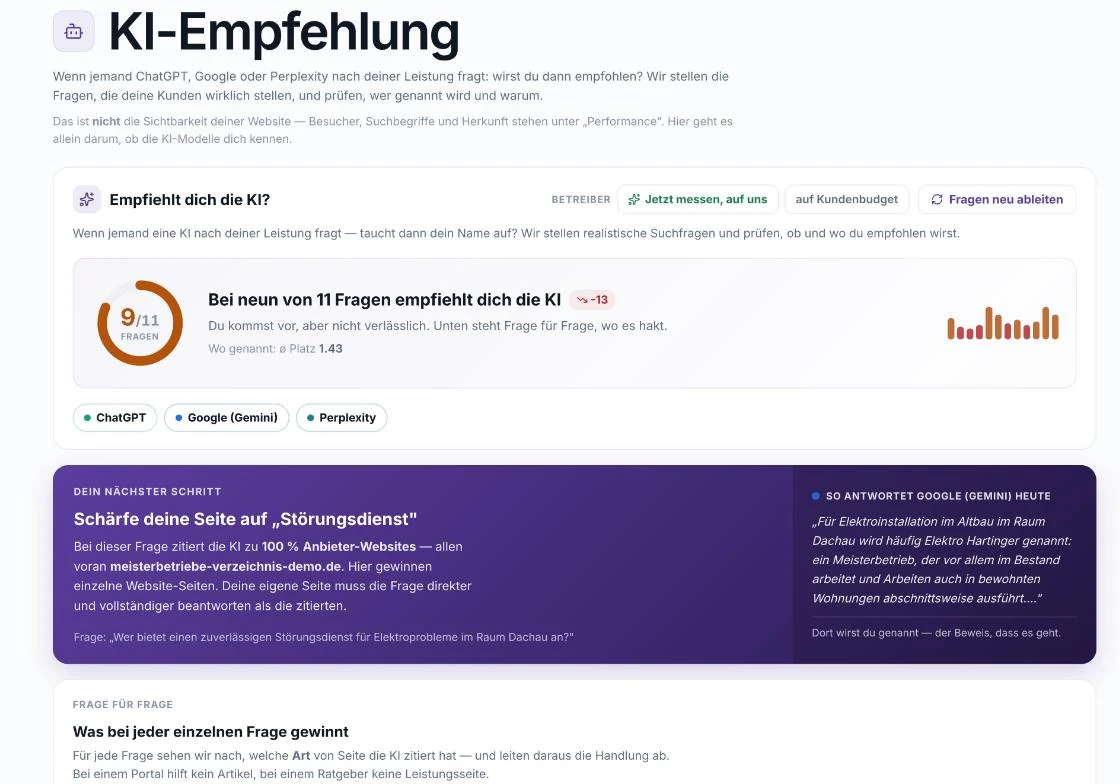 Visibility OS, KI-Empfehlung: Auswertung, bei wie vielen Fragen ChatGPT, Gemini und Perplexity das Unternehmen empfehlen